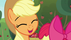 Size: 1280x720 | Tagged: safe, screencap, apple bloom, applejack, g4, going to seed, apple, apple tree, bust, cute, eyes closed, food, jackabetes, open mouth, portrait, tree