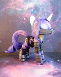 Size: 672x850 | Tagged: safe, artist:krowzivitch, rarity, pony, quarian, unicorn, g4, armor, craft, diorama, female, figurine, fusion, hidden face, hood, mare, mass effect, ponified, sculpture, solo, standing, starry backdrop, tali'zorah vas normandy, traditional art
