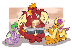 Size: 1024x685 | Tagged: safe, artist:thedoggygal, garble, smolder, spike, dragon, g4, season 9, sweet and smoky, bongos, brother and sister, crossed legs, cute, deviantart watermark, dragoness, eyes closed, female, gardorable, male, music notes, musical instrument, obtrusive watermark, siblings, sitting, smolderbetes, snapping, spikabetes, trio, watermark, winged spike, wings