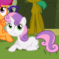 Size: 386x386 | Tagged: safe, edit, edited screencap, screencap, scootaloo, snails, sweetie belle, twist, earth pony, pegasus, pony, unicorn, g4, season 2, the return of harmony, animated, butt, colt, cropped, dancing, female, filly, frown, gif, glasses, grass, looking at you, looking back, looking back at you, loop, male, out of context, perfect loop, plot, prone, sweetie butt