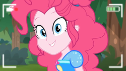 Size: 1920x1080 | Tagged: safe, screencap, pinkie pie, equestria girls, five lines you need to stand in, g4, my little pony equestria girls: better together, camera shot, cute, diapinkes, female, geode of sugar bombs, looking at you, magical geodes, recording, smiling, solo, video