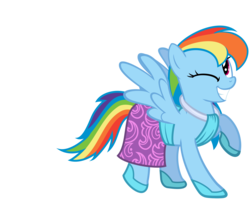 Size: 2024x1630 | Tagged: safe, artist:mattbas, rainbow dash, pegasus, pony, g4, beautiful, clothes, cute, dashabetes, dress, fashion, female, hoof shoes, mare, one eye closed, rainbow dash always dresses in style, raised hoof, shoes, simple background, solo, spread wings, transparent background, vector, wings, wink