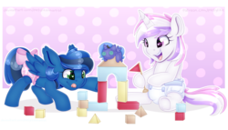 Size: 7000x4000 | Tagged: safe, artist:partypievt, princess luna, oc, oc:glam rock, oc:midnight shadows, alicorn, pegasus, pony, unicorn, g4, absurd resolution, bow, building blocks, commission, concentrating, crinkle, cute, diaper, diaper fetish, fetish, happy, heart eyes, non-baby in diaper, open mouth, plushie, ribbon, smiling, tongue out, underhoof, wingding eyes