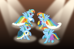 Size: 3072x2048 | Tagged: safe, artist:mattbas, rainbow dash, pegasus, pony, g4, >:d, beautiful, clothes, coronation dress, cute, dashabetes, dashstorm, dress, female, gala dress, hat, high res, hoof shoes, mare, multeity, one eye closed, open mouth, rainbow dash always dresses in style, raised hoof, smiling, smirk, solo, spotlight, wings, wink, wreath