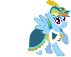 Size: 2024x1630 | Tagged: safe, artist:mattbas, rainbow dash, pegasus, pony, g4, beautiful, clothes, coronation dress, cute, dashabetes, dress, female, hat, looking at you, mare, rainbow dash always dresses in style, raised hoof, simple background, smiling, solo, spread wings, transparent background, vector, wings