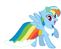 Size: 2024x1630 | Tagged: safe, artist:mattbas, rainbow dash, pegasus, pony, g4, beautiful, clothes, cute, dashabetes, dress, female, looking at you, mare, open mouth, rainbow dash always dresses in style, raised hoof, simple background, smiling, solo, spread wings, transparent background, vector, wings, wreath