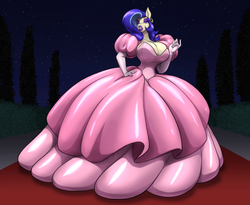 Size: 3300x2700 | Tagged: safe, artist:toughset, oc, oc only, oc:moniker, anthro, big breasts, big lips, bimbo, bimbo oc, breasts, clothes, dress, ear piercing, earring, eyeshadow, female, gala dress, gown, high res, huge breasts, impossibly large dress, jewelry, latex dress, lips, lipstick, makeup, piercing, purple eyeshadow, purple lipstick, slime, solo, transformation