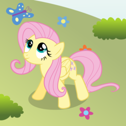 Size: 1260x1260 | Tagged: safe, artist:mattbas, fluttershy, butterfly, pegasus, pony, g4, bush, cute, female, flower, grass, looking up, mare, nature, shyabetes, smiling, solo, standing