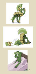 Size: 600x1218 | Tagged: safe, artist:bypenandhoof, oc, oc only, oc:belltoll, earth pony, pony, armor, bandage, bed, dizzy, faceplant, injured, lying down, royal guard, salute, solo