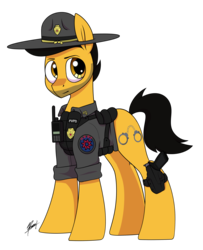 Size: 2560x3160 | Tagged: safe, artist:thepascaal, oc, oc:darren cuffs, pony, badge, bulletproof vest, campaign hat, clothes, gun, high res, patch, police officer, ponyville police, radio, stubble, uniform