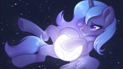Size: 1920x1080 | Tagged: safe, artist:hawthornss, princess luna, alicorn, pony, g4, colored pupils, crying, female, frown, mare, moon, redraw, s1 luna, sad, solo, space, stars, tangible heavenly object, underhoof, wallpaper