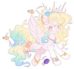 Size: 1280x1190 | Tagged: safe, artist:hawthornss, oc, oc only, alicorn, fish, pony, albino, beauty mark, clothes, crown, ear piercing, earring, jewelry, looking at you, piercing, regalia, simple background, socks, solo, transparent background