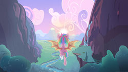 Size: 1280x721 | Tagged: safe, artist:hawthornss, oc, oc only, oc:paper stars, bat pony, pony, amputee, bandage, cliff, cloud, cute, ear fluff, flying, forest, mountain, scenery, solo, sun, sunrise, underhoof, valley, waterfall
