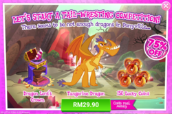 Size: 1040x691 | Tagged: safe, gameloft, billy, dragon, g4, my little pony: magic princess, advertisement, background dragon, costs real money, dragon crown, dragon lord's crown, introduction card, lucky coin, male, misspelling, sale, solo, teenaged dragon