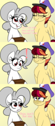 Size: 1280x2880 | Tagged: safe, artist:albinon, pinkie pie, oc, oc:special delivery, earth pony, pegasus, pony, g4, ask-albino-pie, comic, duo, exclamation point, female, freckles, gradient background, hat, mailmare, mare