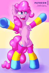 Size: 1500x2250 | Tagged: safe, artist:shad0w-galaxy, part of a set, pinkie pie, earth pony, pony, g4, belly button, bipedal, cheek fluff, chest fluff, clothes, ear fluff, female, mare, open mouth, open smile, pansexual, pansexual pride flag, patreon, patreon logo, pride, pride flag, pride month, pride socks, smiling, socks, solo, striped socks