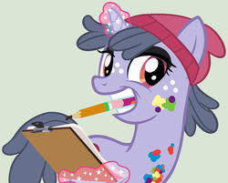 Size: 1024x824 | Tagged: dead source, safe, artist:grumppanda, oc, oc only, oc:street art, pony, unicorn, base used, clipboard, female, magic, mare, mouth hold, pencil, simple background, solo, story included