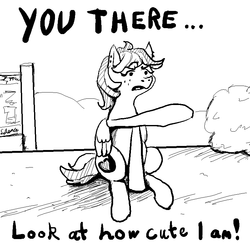 Size: 800x800 | Tagged: safe, artist:silence, oc, oc only, oc:kitty sweet, pony, cute, horses doing horse things, meme, monochrome, pointing, ponified animal photo, sitting, solo