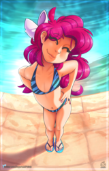 Size: 1365x2129 | Tagged: safe, artist:sugarlesspaints, pinkie pie, human, belly button, bikini, breasts, clothes, cute, delicious flat chest, diapinkes, explicit source, eye clipping through hair, eyebrows, eyebrows visible through hair, eyes closed, feet, female, footprint, hand on hip, happy, humanized, midriff, nail polish, pinkie flat, pixiv, sandals, smiling, solo, swimming pool, swimsuit, toes, young, younger