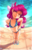 Size: 1365x2129 | Tagged: safe, artist:sugarlesspaints, pinkie pie, human, g4, belly button, bikini, breasts, clothes, cute, delicious flat chest, diapinkes, explicit source, eye clipping through hair, eyebrows, eyebrows visible through hair, eyes closed, feet, female, footprint, hand on hip, happy, humanized, midriff, nail polish, pinkie flat, pixiv, sandals, smiling, solo, swimming pool, swimsuit, toes, young, younger