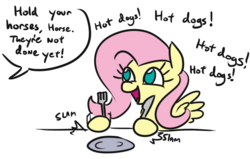 Size: 735x468 | Tagged: safe, artist:jargon scott, fluttershy, pegasus, pony, g4, context is for the weak, cute, dialogue, female, food, fork, hoof hold, hot dog, knife, mare, meat, no pupils, offscreen character, plate, ponies eating meat, sausage, shyabetes, simple background, smiling, solo, speech bubble, this will end in ponies eating meat, white background