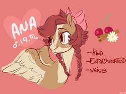Size: 1000x746 | Tagged: safe, artist:frowoppy, oc, oc only, oc:ana, pegasus, pony, braid, bust, female, mare, portrait, reference sheet, solo
