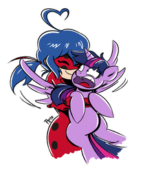 Size: 595x715 | Tagged: safe, artist:pyroprye, twilight sparkle, alicorn, human, pony, g4, big no, coccinellidaephobia, crossover, cute, do not want, eye clipping through hair, holding a pony, hug, ladybug (miraculous ladybug), marinette dupain-cheng, miraculous ladybug, scared, screaming, simple background, superhero, this will end in tears, this will not end well, twilight hates ladybugs, twilight is afraid of miraculous ladybug, twilight sparkle (alicorn), white background