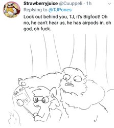 Size: 1383x1552 | Tagged: safe, artist:tjpones, oc, oc:tjpones, airpods, bigfoot, campfire, food, hoof hold, marshmallow, meme, meta, monochrome, oblivious, squidward the truck's coming, stealing, text, trail mix, tree, twitter