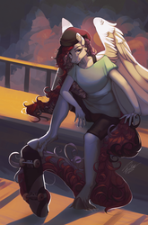 Size: 2193x3327 | Tagged: safe, artist:orfartina, oc, oc only, anthro, unguligrade anthro, beanie, clothes, female, hat, high res, large wings, shorts, skateboard, smiling, solo, wings
