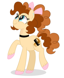 Size: 1078x1307 | Tagged: safe, artist:ashidaii, oc, oc only, oc:caramel, earth pony, pony, bow, collar, ear piercing, earring, female, jewelry, mare, offspring, parent:cheese sandwich, parent:pinkie pie, parents:cheesepie, piercing, simple background, solo, transparent background, unshorn fetlocks