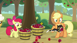 Size: 1920x1080 | Tagged: safe, screencap, apple bloom, applejack, goldie delicious, cat, earth pony, pony, g4, going to seed, apple, apple tree, basket, bucket, female, filly, foal, food, mare, stealing, tree, tuxedo cat