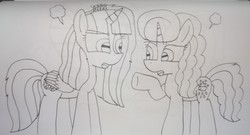Size: 4881x2637 | Tagged: safe, artist:徐詩珮, oc, oc:spring legrt, oc:vesty sparkle, alicorn, pony, unicorn, alicorn oc, angry, female, implied incest, implied lesbian, implied shipping, lineart, love triangle, magical lesbian spawn, mare, next generation, offspring, offspring shipping, parent:flash sentry, parent:glitter drops, parent:spring rain, parent:twilight sparkle, parents:flashlight, parents:springdrops, traditional art