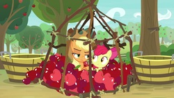 Size: 1920x1080 | Tagged: safe, screencap, apple bloom, applejack, earth pony, pony, g4, going to seed, apple, apple sisters, apple tree, basket, cage, duo, female, filly, foal, food, mare, siblings, sisters, trap (device), tree