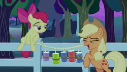 Size: 1920x1080 | Tagged: safe, screencap, apple bloom, applejack, pony, g4, going to seed, apple sisters, can, fence