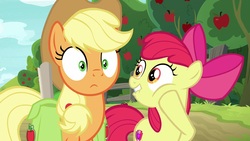 Size: 1920x1080 | Tagged: safe, screencap, apple bloom, applejack, earth pony, pony, g4, going to seed, apple sisters, apple tree, cheek squish, cutie mark, duo, female, filly, foal, mare, saddle bag, squishy cheeks, the cmc's cutie marks, tree