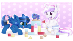 Size: 7000x4000 | Tagged: safe, alternate version, artist:partypievt, derpibooru exclusive, princess luna, oc, oc:glam rock, oc:midnight shadows, alicorn, pegasus, pony, unicorn, g4, absurd resolution, bow, building blocks, commission, concentrating, crinkle, cute, diaper, diaper fetish, fetish, happy, heart eyes, non-baby in diaper, open mouth, plushie, ribbon, smiling, tongue out, toy, underhoof, wet diaper, wingding eyes