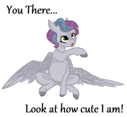 Size: 1202x1108 | Tagged: safe, artist:hippykat13, artist:sabokat, oc, oc only, oc:kitty sweet, pegasus, pony, cute, horses doing horse things, meme, pointing, ponified animal photo, sitting, solo, text, wings