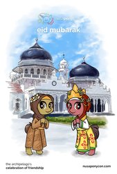 Size: 1080x1593 | Tagged: safe, artist:cakonde, oc, oc:nuning, oc:salasika, pony, bipedal, clothes, crown, dress, eid al-fitr, hijab, indonesia, islam, jewelry, mosque, nusaponycon, regalia