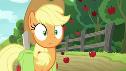 Size: 1920x1080 | Tagged: safe, screencap, applejack, earth pony, pony, g4, going to seed, apple, apple tree, female, fence, food, mare, saddle bag, solo, tree