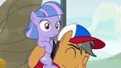 Size: 1920x1080 | Tagged: safe, screencap, quibble pants, wind sprint, earth pony, pegasus, pony, common ground, g4, ponies riding ponies, riding, step-parent and step-child, stepfather and daughter, sudden realization, wide eyes, wind sprint riding quibble pants