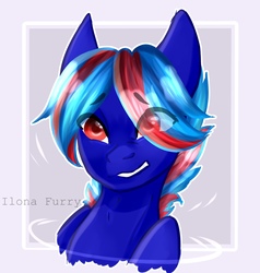 Size: 1026x1080 | Tagged: safe, artist:ilona furry, oc, oc:hellfire, pegasus, pony, blue fur, bust, male, red eyes, smiling