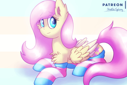 Size: 2250x1500 | Tagged: safe, artist:shad0w-galaxy, part of a set, fluttershy, pegasus, pony, g4, cheek fluff, chest fluff, clothes, ear fluff, female, folded wings, gender headcanon, headcanon, lgbt, lgbt headcanon, looking at you, lying down, mare, pride, pride flag, pride month, pride socks, prone, smiling, smiling at you, socks, solo, striped socks, trans female, trans fluttershy, transgender, transgender pride flag, wings