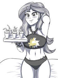 Size: 1195x1599 | Tagged: safe, artist:sumin6301, sunset shimmer, equestria girls, g4, adorasexy, arm behind head, armpits, belly button, bikini, blushing, breasts, clothes, cute, cutie mark on clothes, drink, female, midriff, monochrome, partial color, sexy, shimmerbetes, solo, straw, summer sunset, swimsuit, tray