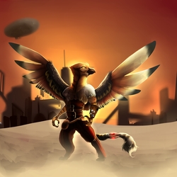 Size: 5080x5080 | Tagged: safe, artist:itsmalicious, oc, oc only, griffon, anthro, digitigrade anthro, building, clothes, griffon oc, palindrome get, solo, spread wings, wings