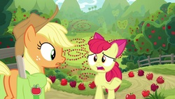 Size: 1920x1080 | Tagged: safe, screencap, apple bloom, applejack, earth pony, pony, g4, going to seed, apple, apple tree, fence, food, saddle bag, tree