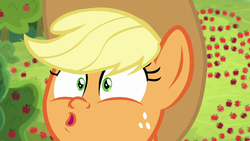 Size: 1920x1080 | Tagged: safe, screencap, applejack, earth pony, pony, g4, going to seed, :o, apple, apple tree, appul, close-up, cute, faic, female, food, jackabetes, mare, open mouth, poggers, solo, tree