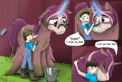 Size: 3000x2008 | Tagged: safe, artist:cactuscowboydan, oc, oc:king speedy hooves, oc:tommy the human, alicorn, human, pony, aftermath, alicorn oc, boots, brush, commissioner:bigonionbean, dialogue, dirty, father and son, fusion, fusion:big macintosh, fusion:flash sentry, fusion:shining armor, fusion:trouble shoes, giggling, glowing horn, hat, high res, horn, horses doing horse things, hug, hugging a pony, human oc, magic, male, mud, overalls, scrubbing, shoes, snorting, stallion, telekinesis, washing
