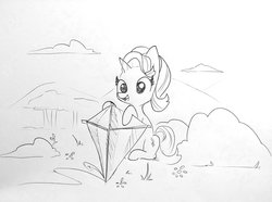 Size: 1819x1351 | Tagged: safe, artist:tjpones, starlight glimmer, pony, unicorn, g4, bush, cloud, female, forest, grass, grayscale, kite, lineart, mare, monochrome, simple background, sitting, solo, that pony sure does love kites, traditional art, tree