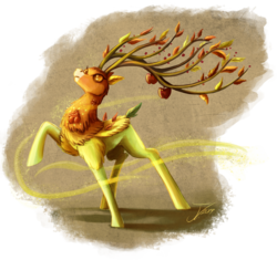 Size: 1500x1412 | Tagged: safe, artist:jamescorck, the great seedling, deer, dryad, elk, g4, going to seed, apple, branches for antlers, female, food, raised hoof, solo