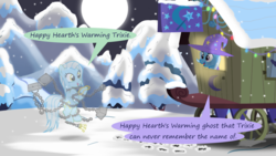 Size: 1280x720 | Tagged: safe, artist:evil-dec0y, trixie, oc, oc:ghost, earth pony, pony, unicorn, comic:trixie vs., comic:trixie vs. hearth's warming, g4, comic, crying, tears of joy, trixie's wagon